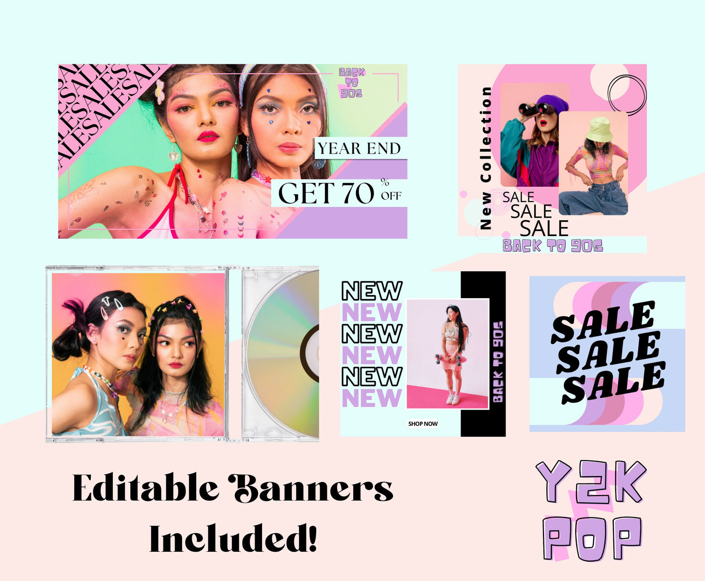 Trendy, Y2K , 90s inspired Design Shopify Theme + Canva Website Template with Editable Banners, Editable Logo and Editable Promo images.