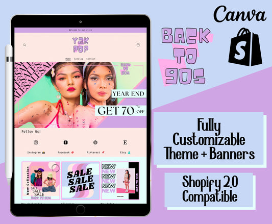 Trendy, Y2K , 90s inspired Design Shopify Theme + Canva Website Template with Editable Banners, Editable Logo and Editable Promo images.