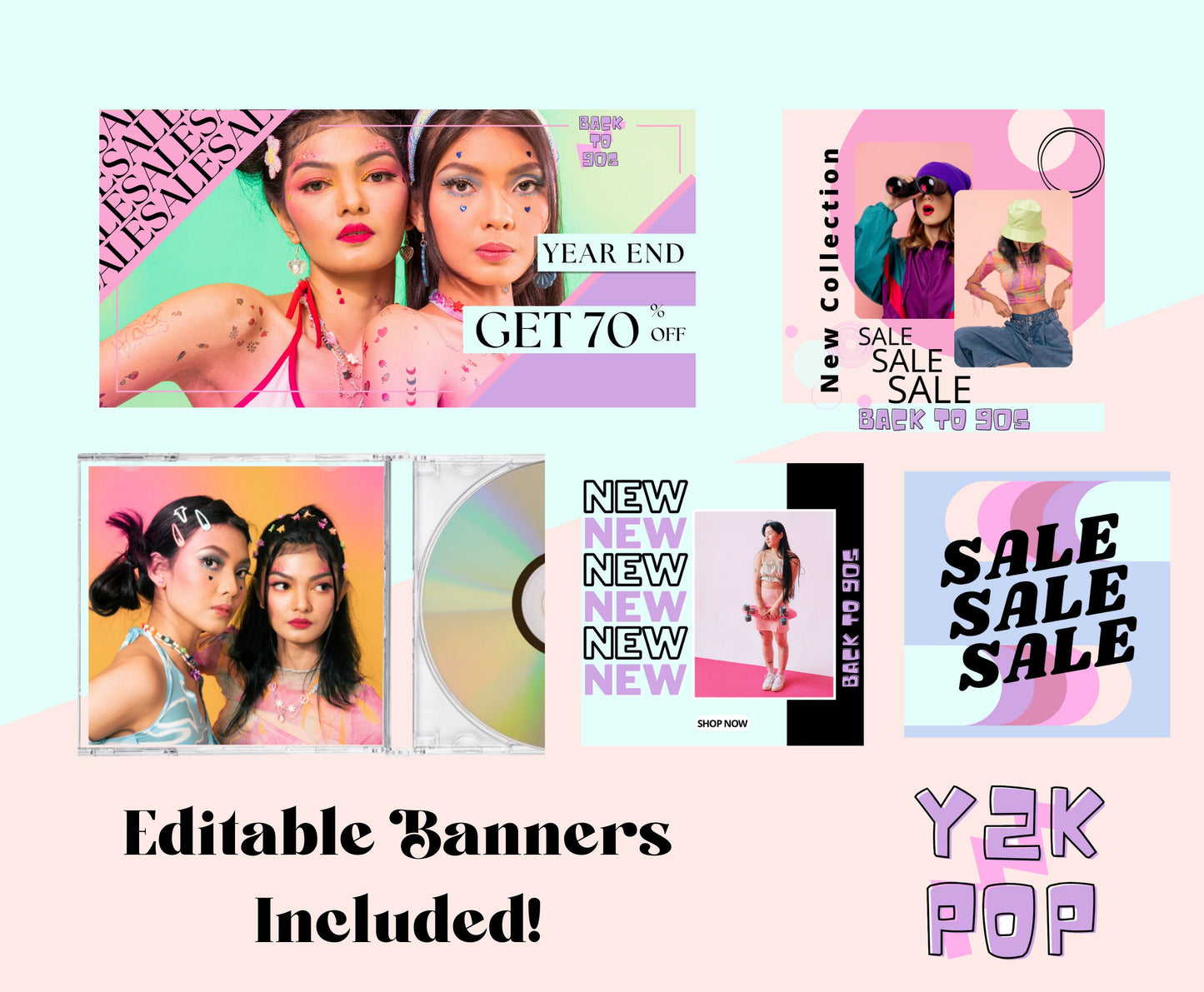Shopify Theme + Canva Website Template with Editable Banners, Editable Logo and Editable Promo images. Trendy, Y2K , 90s inspired Design